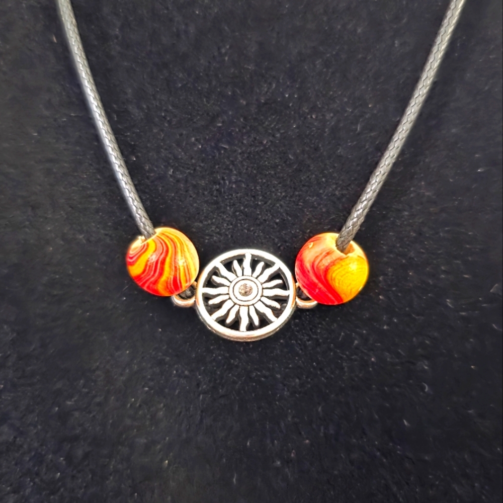 Sunburst Silver and Multicolor Beaded Necklace On Black Nylon cord 10 Inch